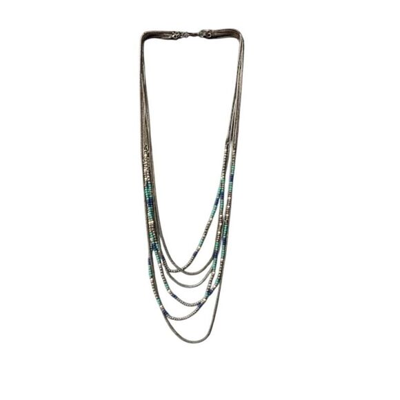 Premier Designs Aqua Blue Silver Tone Seed Bead Layered Snake Chain Nicklace 29" - Picture 2 of 3